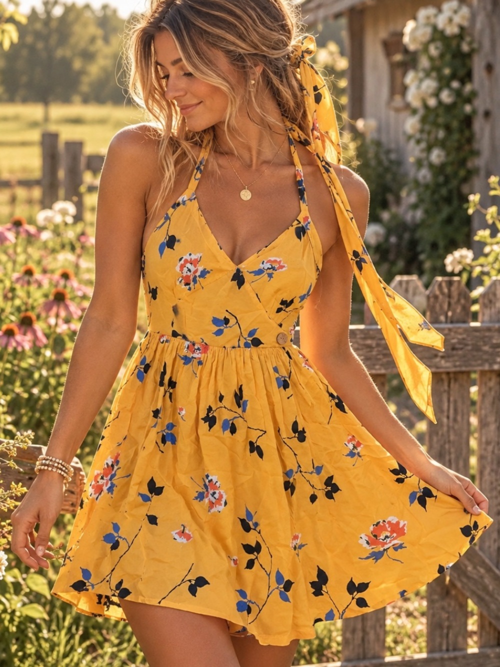 Urban Outfitters Mustard Floral Halter Mini Dress Size S Smocked Back